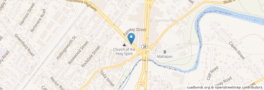 Mapa de ubicacion de Mattapan Church of Christ en アメリカ合衆国, マサチューセッツ州, Suffolk County, ボストン.