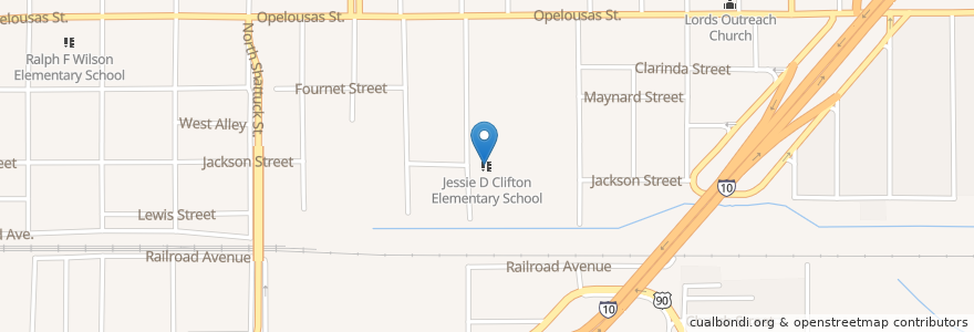 Mapa de ubicacion de Jessie D Clifton Elementary School en United States, Louisiana, Calcasieu Parish, Lake Charles.