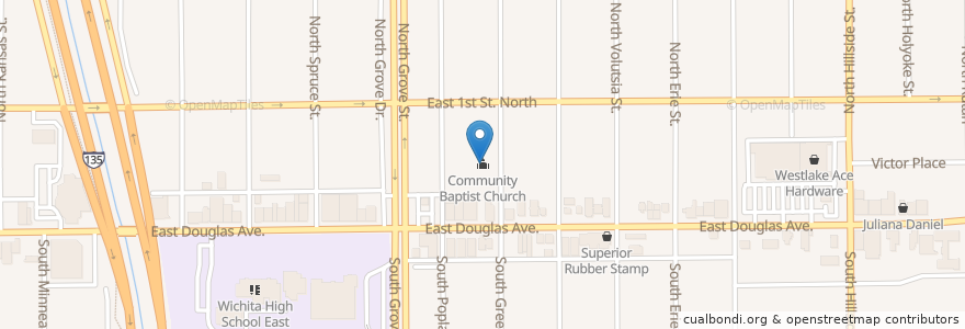 Mapa de ubicacion de Community Baptist Church en Amerika Birleşik Devletleri, Kansas, Sedgwick County, Wichita.