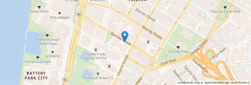 Mapa de ubicacion de Citi Bike - Barclay St & Church St en Соединённые Штаты Америки, Нью-Йорк, Нью-Йорк, Округ Нью-Йорк, Manhattan Community Board 1, Манхэттен.