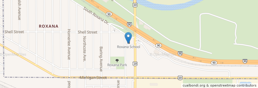 Mapa de ubicacion de Roxana School en Amerika Syarikat, Indiana, Lake County, East Chicago.