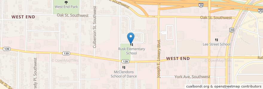 Mapa de ubicacion de Rusk Elementary School en Amerika Birleşik Devletleri, Georgia, Fulton County, Atlanta.