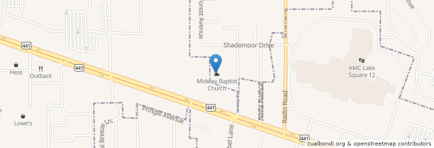 Mapa de ubicacion de Midway Baptist Church en アメリカ合衆国, フロリダ州, Lake County, Leesburg.