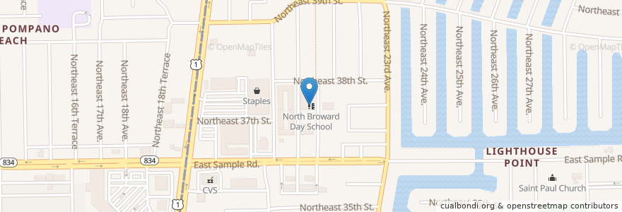 Mapa de ubicacion de North Broward Day School en Соединённые Штаты Америки, Флорида, Broward County, Lighthouse Point, Pompano Beach.