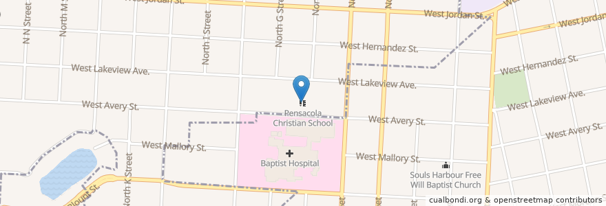 Mapa de ubicacion de Pensacola Christian School en アメリカ合衆国, フロリダ州, Escambia County, Pensacola.