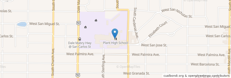 Mapa de ubicacion de Plant High School en Vereinigte Staaten Von Amerika, Florida, Hillsborough County, Tampa.