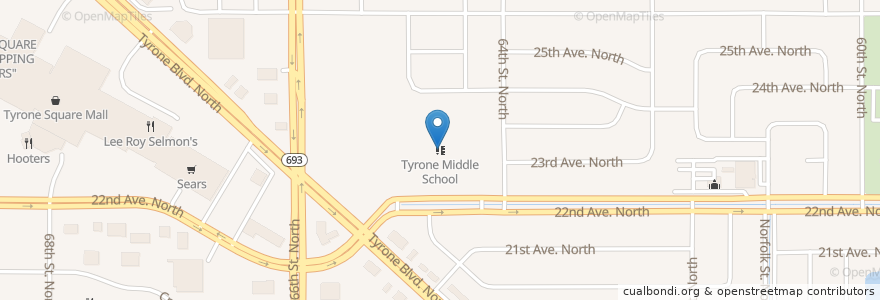 Mapa de ubicacion de Tyrone Middle School en 美利坚合众国/美利堅合眾國, 佛罗里达州/佛羅里達州, Pinellas County, St. Petersburg.