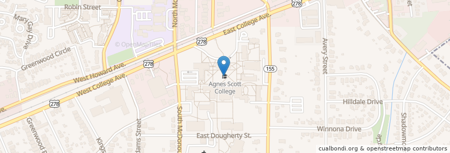Mapa de ubicacion de Agnes Scott College en アメリカ合衆国, ジョージア州, Dekalb County, Decatur.