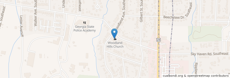 Mapa de ubicacion de Woodland Hills Church en アメリカ合衆国, ジョージア州, Fulton County, Atlanta.