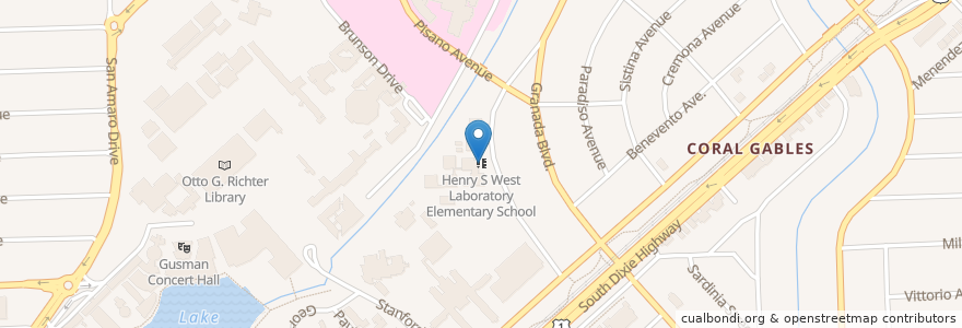 Mapa de ubicacion de Henry S West Laboratory Elementary School en Amerika Birleşik Devletleri, Florida, Miami-Dade County, Coral Gables.