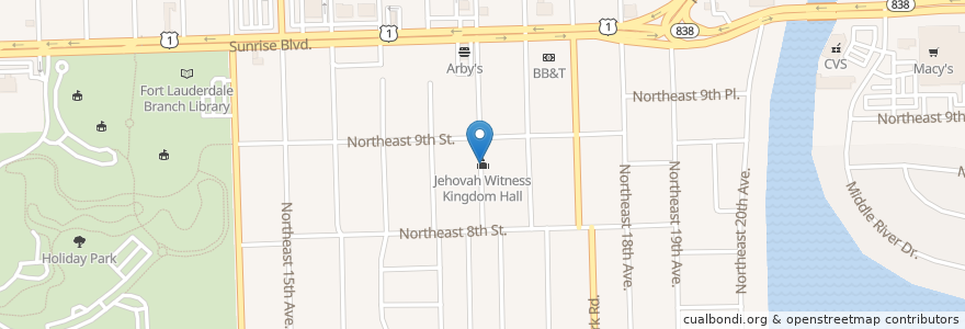 Mapa de ubicacion de Jehovah Witness Kingdom Hall en アメリカ合衆国, フロリダ州, Broward County, Fort Lauderdale.