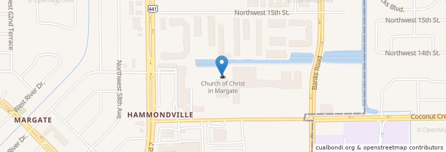 Mapa de ubicacion de Church of Christ in Margate en アメリカ合衆国, フロリダ州, Broward County, Margate.