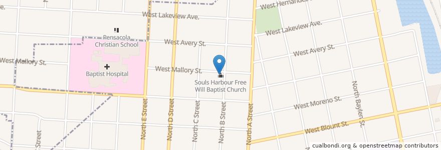 Mapa de ubicacion de Souls Harbour Free Will Baptist Church en États-Unis D'Amérique, Floride, Escambia County, Pensacola.