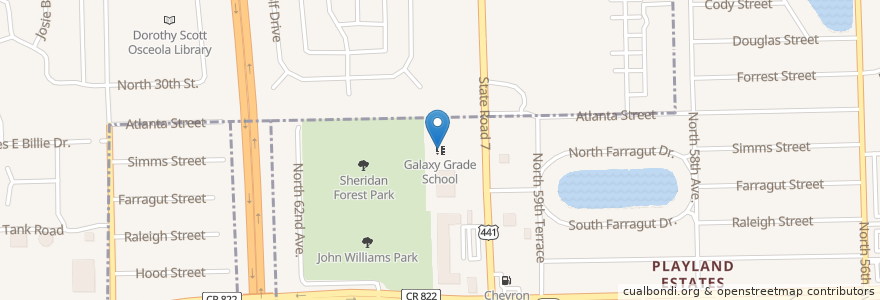 Mapa de ubicacion de Galaxy Grade School en الولايات المتّحدة الأمريكيّة, فلوريدا, Broward County, Hollywood, Hollywood Seminole Reservation.
