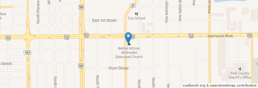 Mapa de ubicacion de Bethel African Methodist Episcopal Church en 미국, 플로리다주, Polk County, Lakeland.