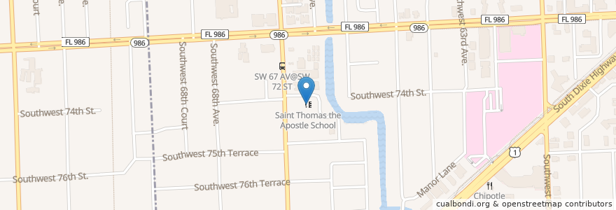 Mapa de ubicacion de Saint Thomas the Apostle School en 美利坚合众国/美利堅合眾國, 佛罗里达州/佛羅里達州, 迈阿密-戴德县/邁亞美戴德縣/邁阿密-戴德郡, South Miami.