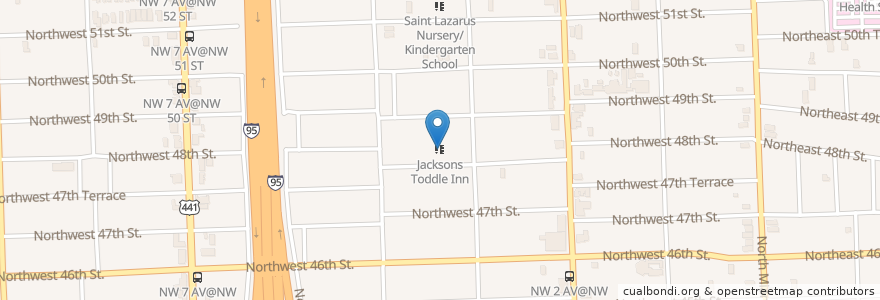 Mapa de ubicacion de Jacksons Toddle Inn en 美利坚合众国/美利堅合眾國, 佛罗里达州/佛羅里達州, 迈阿密-戴德县/邁亞美戴德縣/邁阿密-戴德郡, 迈阿密/邁阿密.