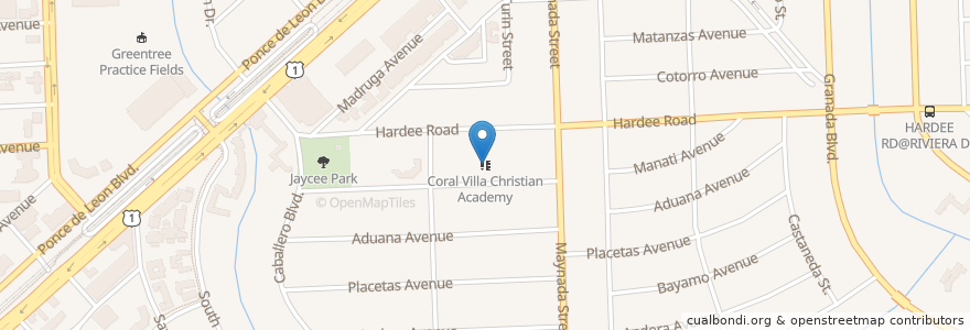 Mapa de ubicacion de Coral Villa Christian Academy en アメリカ合衆国, フロリダ州, マイアミ・デイド郡, Coral Gables.
