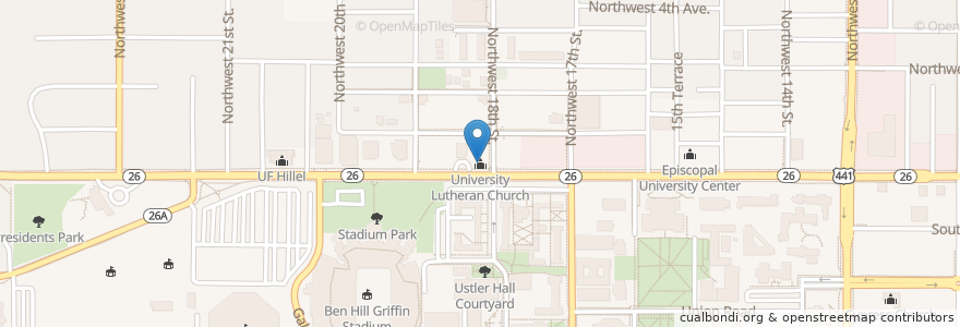 Mapa de ubicacion de University Lutheran Church en アメリカ合衆国, フロリダ州, Alachua County, City Of Gainesville Municipal Boundaries, Gainesville.