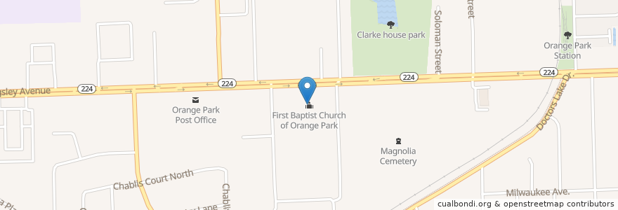 Mapa de ubicacion de First Baptist Church of Orange Park en 美利坚合众国/美利堅合眾國, 佛罗里达州/佛羅里達州, Clay County, Orange Park.