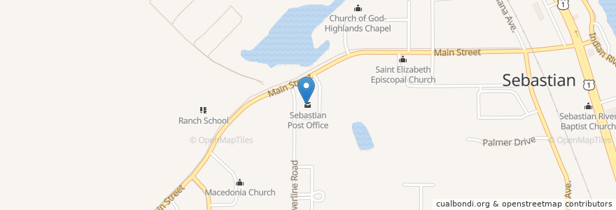 Mapa de ubicacion de Sebastian Post Office en الولايات المتّحدة الأمريكيّة, فلوريدا, Indian River County, Sebastian.