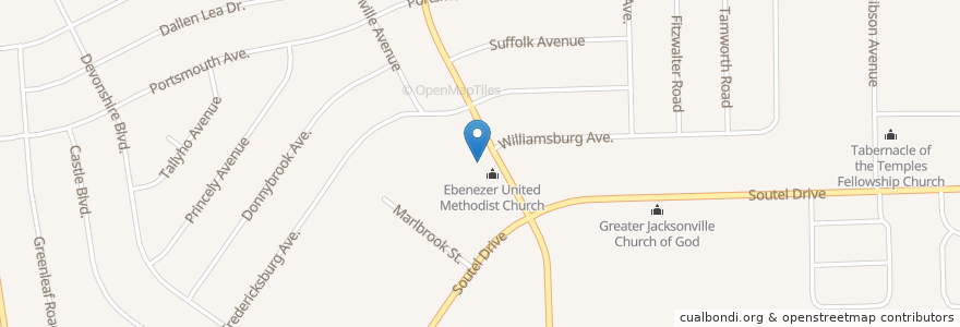 Mapa de ubicacion de Ebenezer United Methodist Church en 美利坚合众国/美利堅合眾國, 佛罗里达州/佛羅里達州, 杜瓦尔县/杜瓦爾縣/杜瓦爾郡, 杰克逊维尔/傑克遜維爾.
