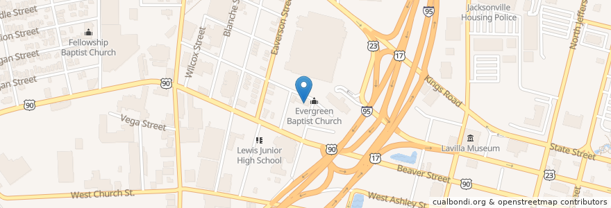 Mapa de ubicacion de Evergreen Baptist Church en 美利坚合众国/美利堅合眾國, 佛罗里达州/佛羅里達州, 杜瓦尔县/杜瓦爾縣/杜瓦爾郡, 杰克逊维尔/傑克遜維爾.