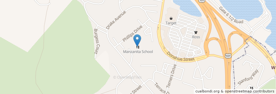 Mapa de ubicacion de Manzanita School en 미국, 캘리포니아주, Marin County.