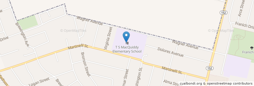 Mapa de ubicacion de T S MacQuiddy Elementary School en 美利坚合众国/美利堅合眾國, 加利福尼亚州/加利福尼亞州, 圣塔克鲁兹县, Watsonville.