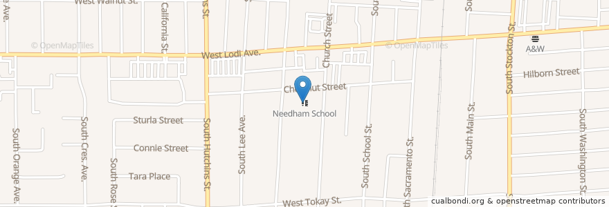Mapa de ubicacion de Needham School en アメリカ合衆国, カリフォルニア州, San Joaquin County, Lodi, Lodi.