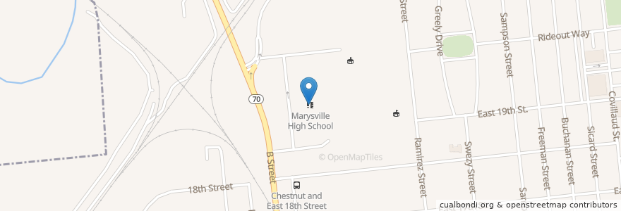 Mapa de ubicacion de Marysville High School en アメリカ合衆国, カリフォルニア州, Yuba County, Marysville.