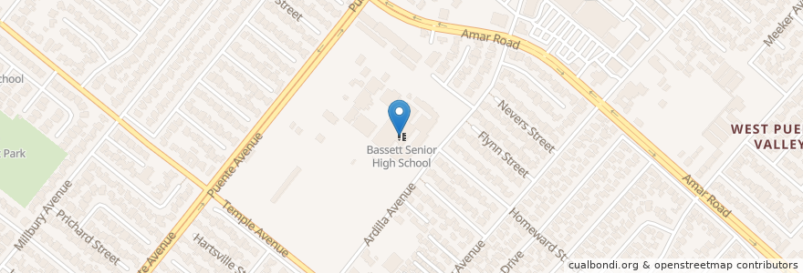 Mapa de ubicacion de Bassett Senior High School en 미국, 캘리포니아주, Los Angeles County, La Puente.