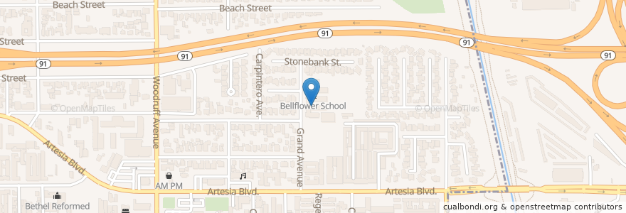 Mapa de ubicacion de Bellflower Christian School en United States, California, Los Angeles County, Bellflower.