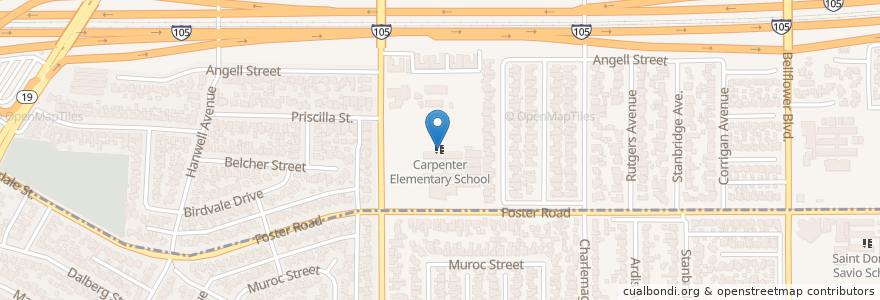 Mapa de ubicacion de Carpenter Elementary School en アメリカ合衆国, カリフォルニア州, Los Angeles County, Downey.