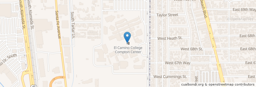 Mapa de ubicacion de Compton College en 美利坚合众国/美利堅合眾國, 加利福尼亚州/加利福尼亞州, 洛杉矶县, 康普顿.