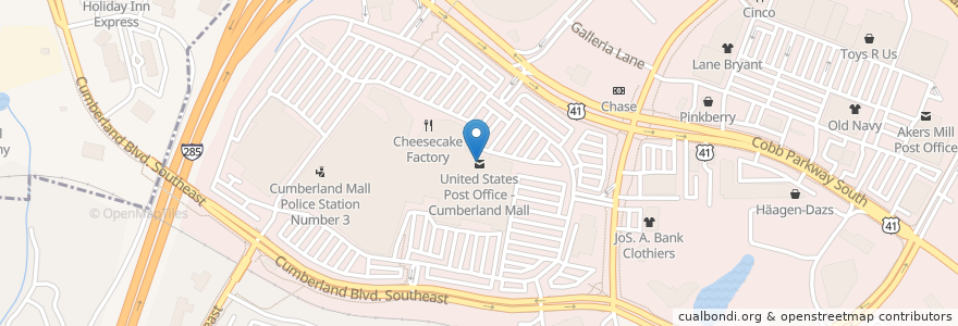 Mapa de ubicacion de United States Post Office - Cumberland Mall en ایالات متحده آمریکا, جورجیا, Cobb County.