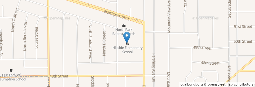 Mapa de ubicacion de Hillside Elementary School en 미국, 캘리포니아주, San Bernardino County, 샌버너디노.