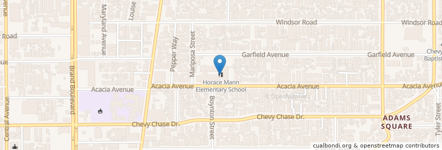 Mapa de ubicacion de Horace Mann Elementary School en アメリカ合衆国, カリフォルニア州, Los Angeles County, Glendale.