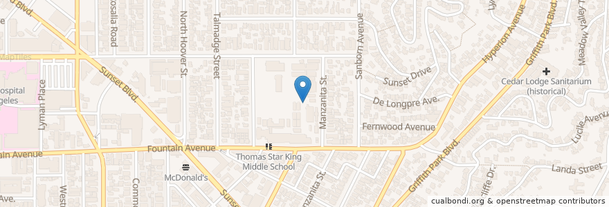 Mapa de ubicacion de Thomas Starr King Junior High School en アメリカ合衆国, カリフォルニア州, Los Angeles County, ロサンゼルス.
