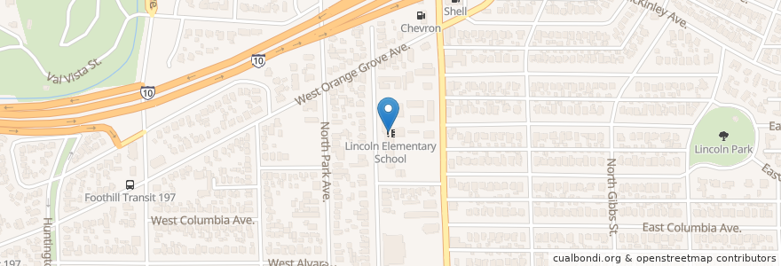 Mapa de ubicacion de Lincoln Elementary School en Verenigde Staten, Californië, Los Angeles County, Pomona.