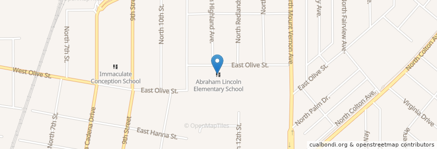 Mapa de ubicacion de Abraham Lincoln Elementary School en アメリカ合衆国, カリフォルニア州, San Bernardino County, Colton.