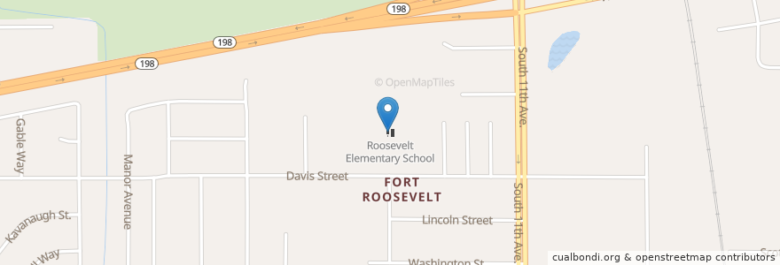 Mapa de ubicacion de Roosevelt Elementary School en États-Unis D'Amérique, Californie, Kings County, Hanford.