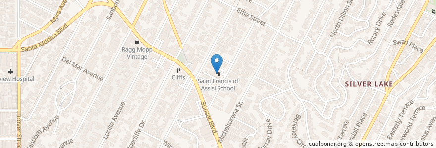 Mapa de ubicacion de Saint Francis of Assisi School en 美利坚合众国/美利堅合眾國, 加利福尼亚州/加利福尼亞州, 洛杉矶县, 洛杉矶.