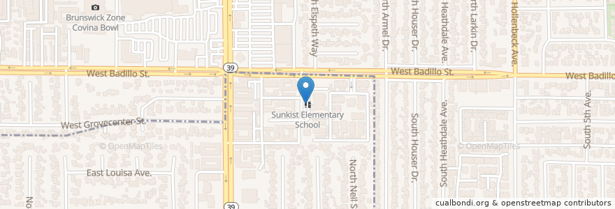 Mapa de ubicacion de Sunkist Elementary School en アメリカ合衆国, カリフォルニア州, Los Angeles County, West Covina, West Covina, Covina.