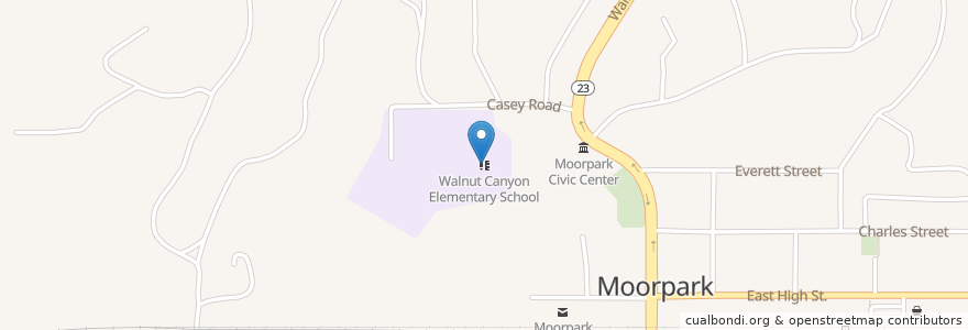 Mapa de ubicacion de Walnut Canyon Elementary School en الولايات المتّحدة الأمريكيّة, كاليفورنيا, Ventura County, مووربارك، فينتورا، كاليفورنيا.