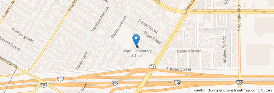 Mapa de ubicacion de Ward Elementary School en 美利坚合众国/美利堅合眾國, 加利福尼亚州/加利福尼亞州, 洛杉矶县, Downey.