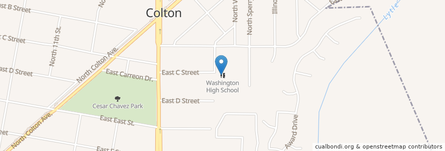 Mapa de ubicacion de Washington High School en アメリカ合衆国, カリフォルニア州, San Bernardino County, Colton.