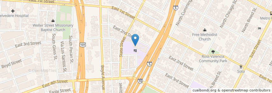 Mapa de ubicacion de Second Street Elementary School en アメリカ合衆国, カリフォルニア州, Los Angeles County, ロサンゼルス.