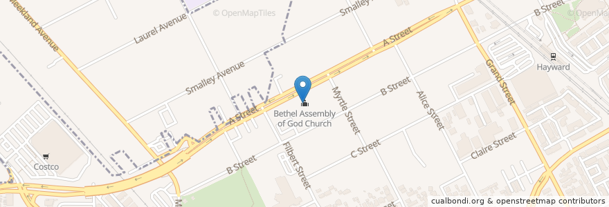 Mapa de ubicacion de Bethel Assembly of God Church en États-Unis D'Amérique, Californie, Comté D'Alameda, Hayward.