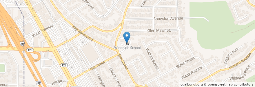 Mapa de ubicacion de Windrush School en الولايات المتّحدة الأمريكيّة, كاليفورنيا, Contra Costa County, El Cerrito.
